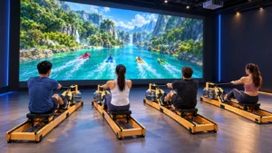 Four-player rowing simulator with a shared racing projection